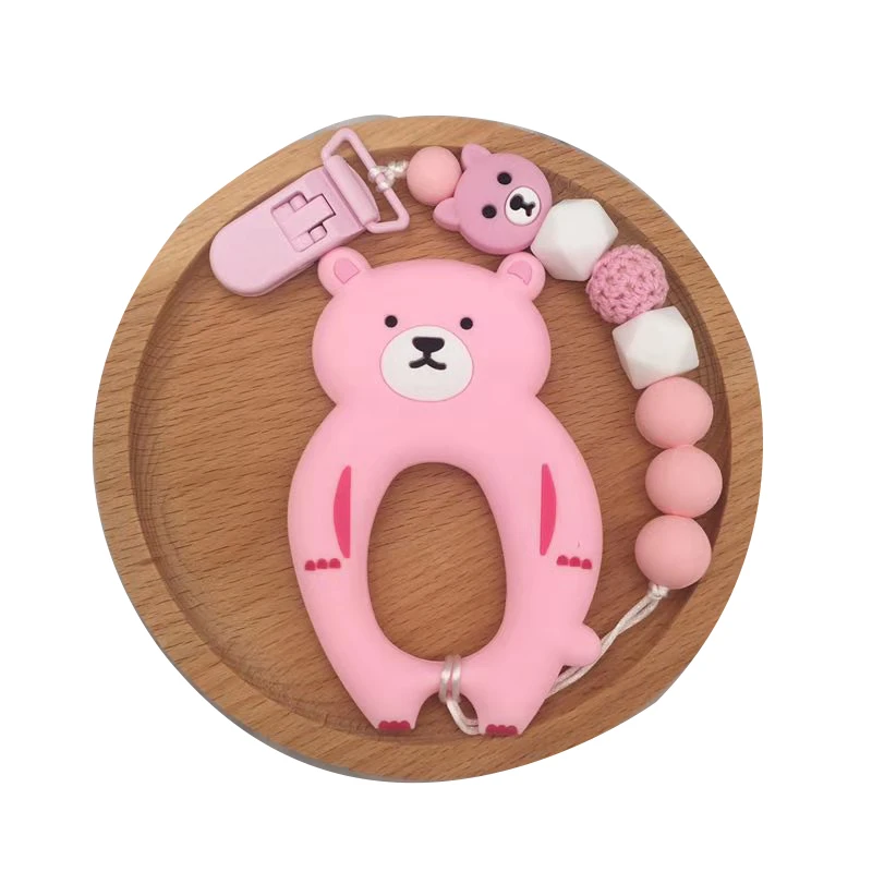teether and chain Детская Соска с мультяшным медведем, Прорезыватель для зубов, соска с бусами, цепочка без БФА, силиконовый держатель для пустышки, прищепка для соски - Цвет: teether and chain