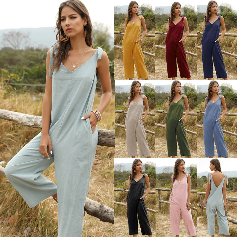 

2021 Summer Women Jumpsuits Sexy Solid Red Green V Neck Bow Spaghetti Strap Loose Female Backless Jumpsuit Overalls One Piece