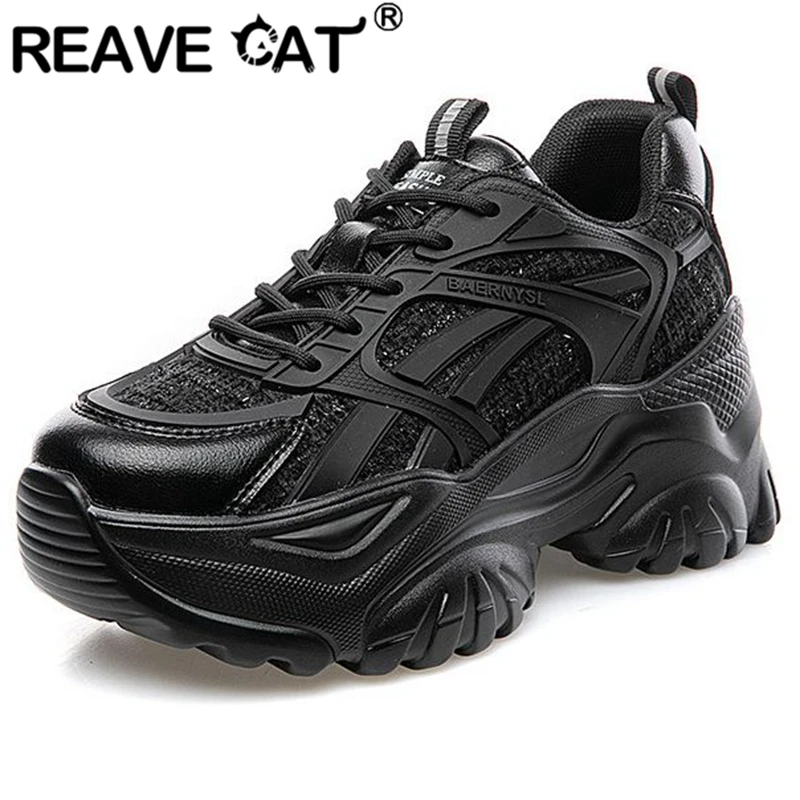 

REAVE CAT New Woman's Sneakers Round Toe Thick Increased Heels Cow Leather Lace-up Size 35-40 Black White Leisure Spring S2932