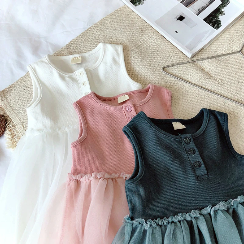 

2020 Summer New Girl Clothes Sweet Sleeveless Mesh Princess Dress Children's Christmas Party Clothing Kids Birthday Prom Clothes
