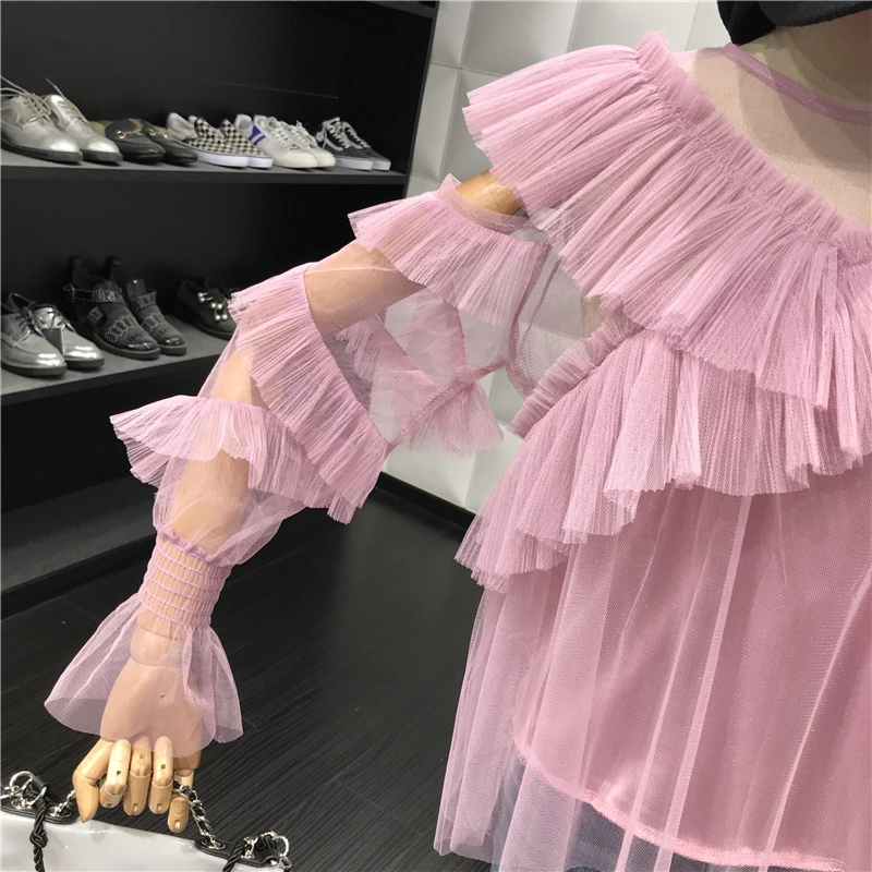 ALPHALMODA с длинным рукавом перспектива сексуальные женские осенние блузки с v-образным воротником гофрированные рукава Дамская мода шифоновый наряд рубашка
