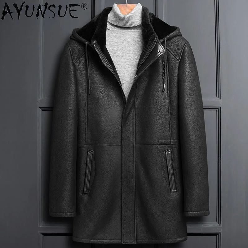 

AYUNSUE Natural Fur Coat Male Real Sheep Shearing Jackets 2021 Winter Hooded Warm Thick Genuine Leather Jackets Jaquetas Gmm410