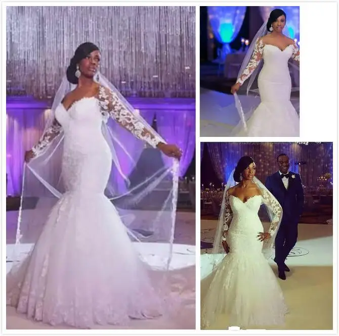 

African Wedding Dresses Off The Shoulder Long Sleeves Lace Appliques Lace Custom Made Mermaid Plus Size Wedding Gowns Bridal
