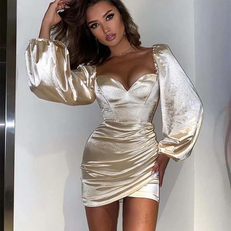 

Townlike Long Lantern Sleeve 2021Winter Dress Women High Quality Satin Mini Sexy Party Dress Strapless Elegant Dresses Vestidos