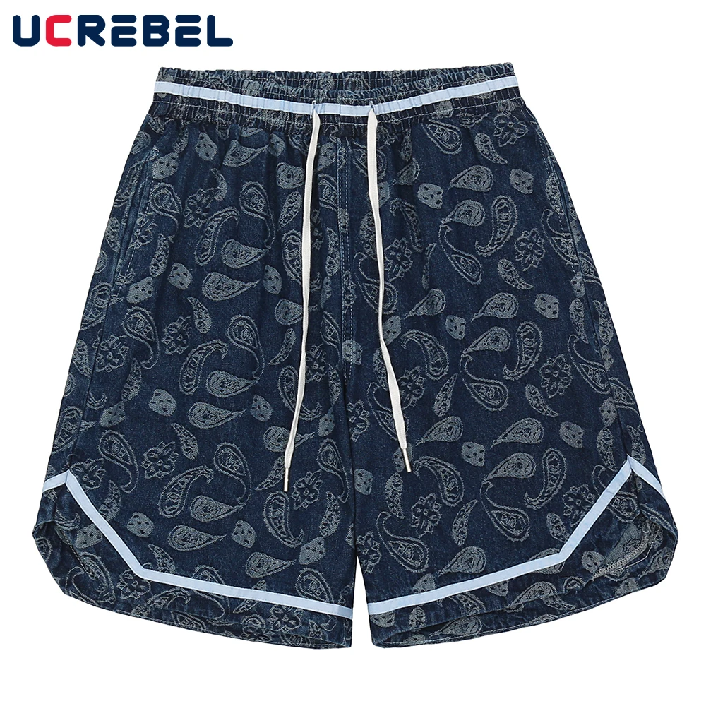 

Мужские джинсовые шорты, с цветочным принтом кешью, летние свободные шорты до колен с эластичной талией, уличная одежда