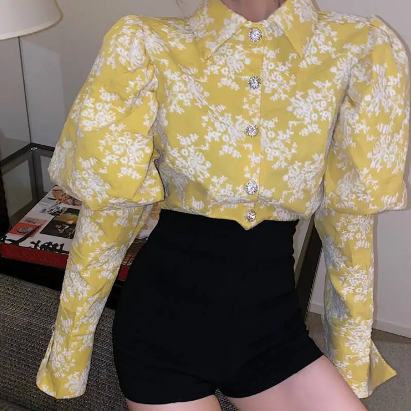 Vintage Embroidery Floral Tops Women Shirt 2021 New Puff Long Puff Sleeve Elegant Sexy Top Blouse Chic Female Shirts