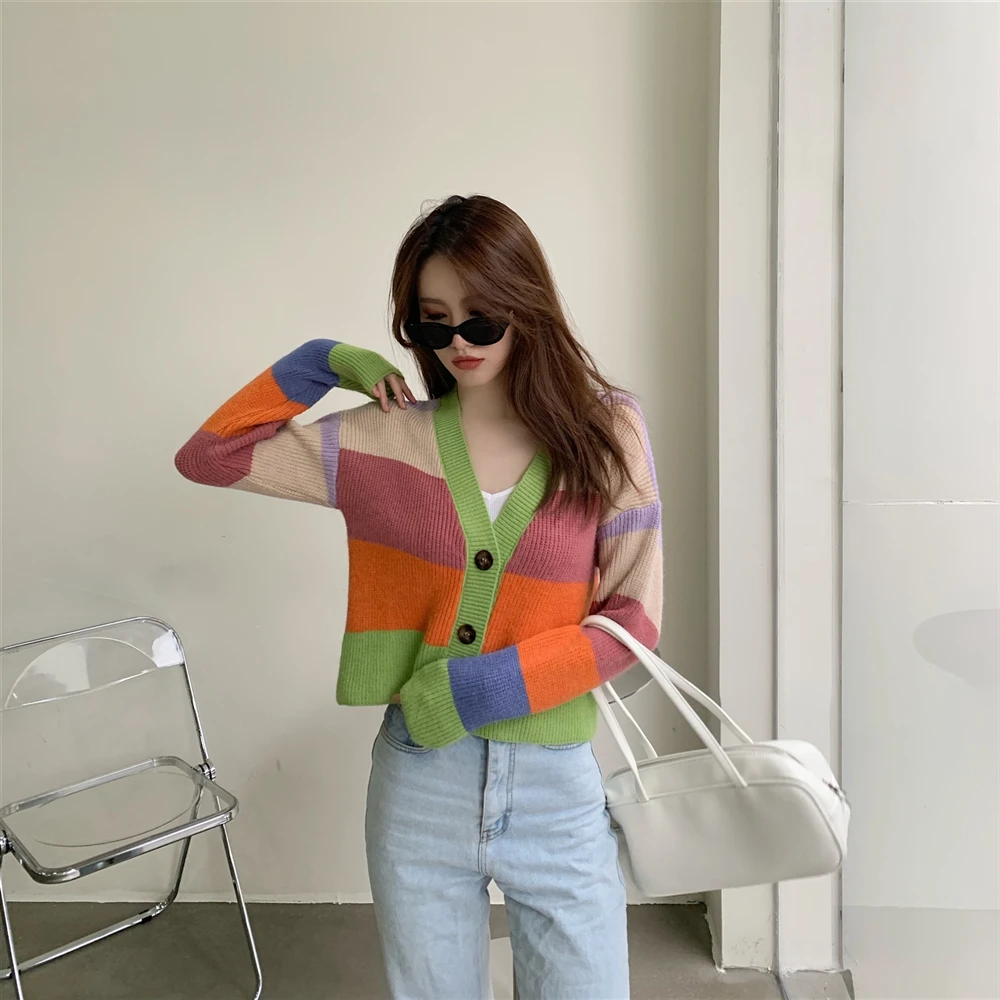 

GRUIICEEN Vintage Rainbow Colours Stripe V-Neck Long Sleeve Autumn Knitting Cardigans Sweates Women Short Coat