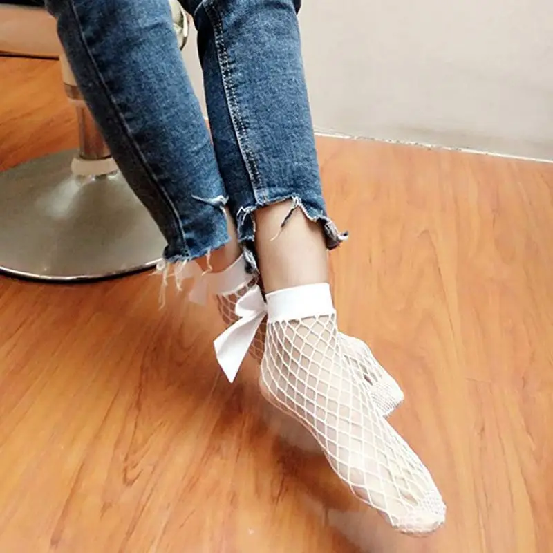 

Girls Ankle High Socks Women Fishnet Mesh Fish Net Short Socks with Bownot