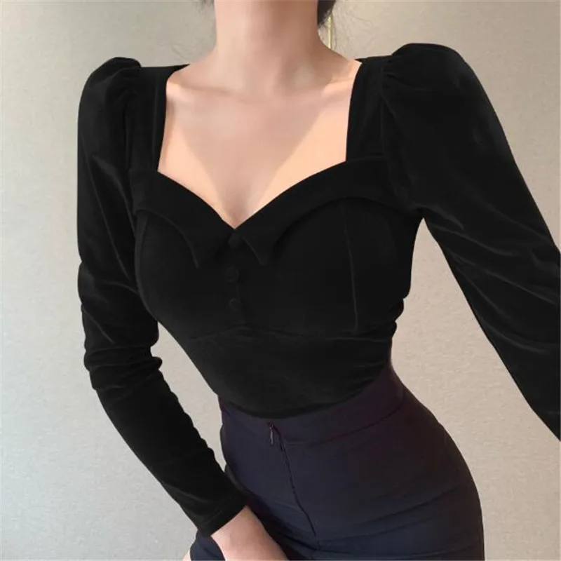 

Solid Puff Sleeve Solid Sexy T-shirt Top For Women Basic T Shirt 2021 Spring Korean Long Sleeve Elegant Lady T Shirts Streetwear