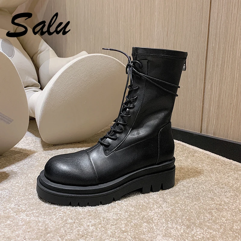 

Salu Fashion Mid-calf Boots Women Winter Snow Boots Genuine Leather Fur Shoes Woman Thick Heels Lace-up Black Brown Size33-43