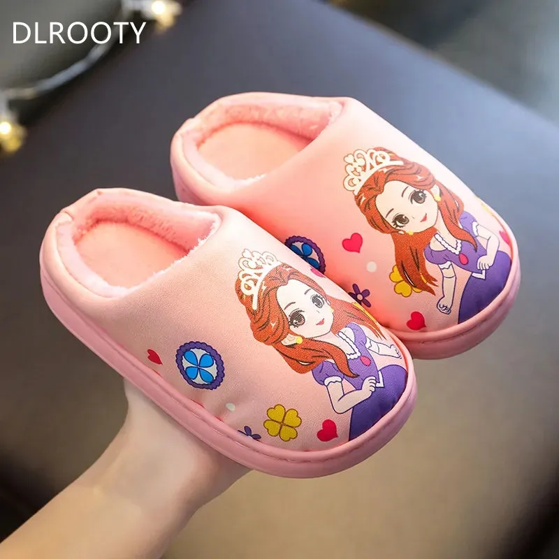 Winter Slippers for Girl Princess Cartoon Cute Warm Flat Shoes Children Non-Slip Home Indoor Fashion Kids Slides Flip Flops