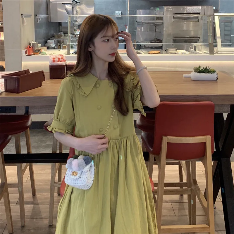 

Elegant Fairy Women Dress Spring Kawaii White Green Peter Pan Collar Petal Sleeve Ruffles One Piece Knee-Length Ladies Dresses