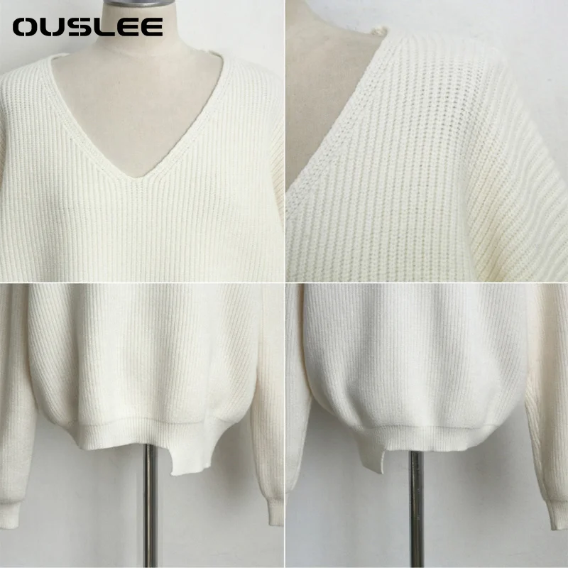 Свитер OUSLEE женский с длинным рукавом базовый однотонный пуловер V-образным