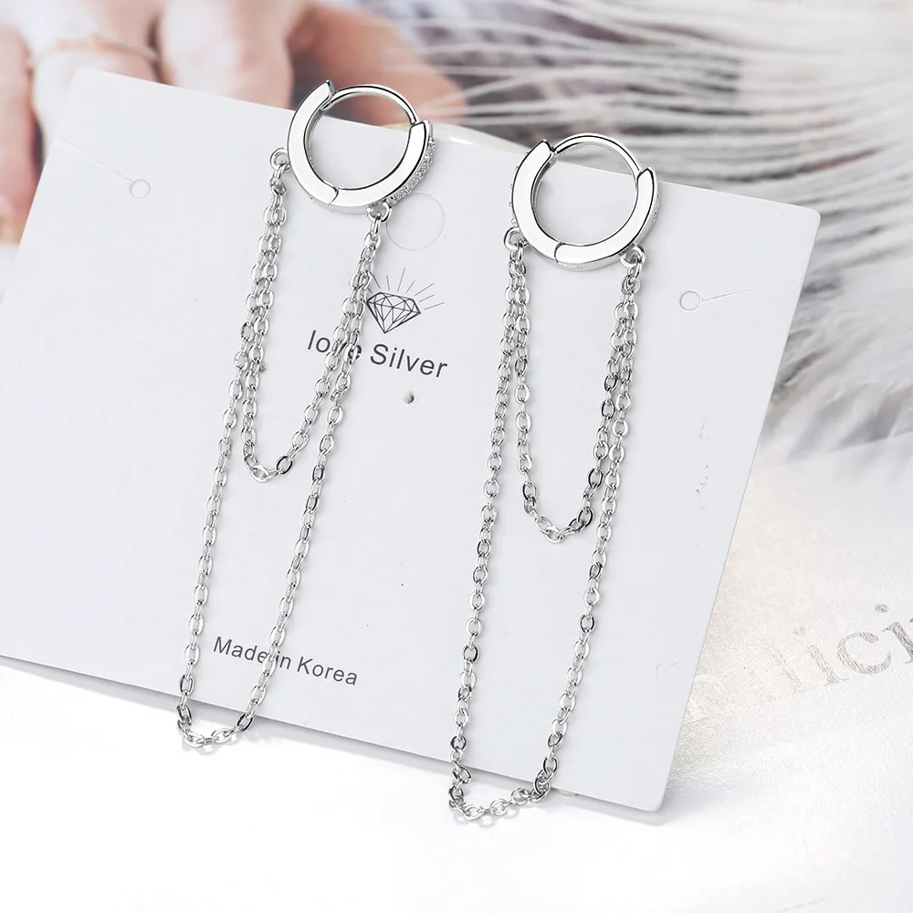 Ins Style 925 Sterling Silver Crystal Long Chain Round Tassel Clip Earrings For Female Party Gifts Jewelry | Украшения и