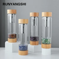 natural quartz gemstone glass water bottle bamboo direct drinking cup glass crystal gravel healing stone bottle for gift