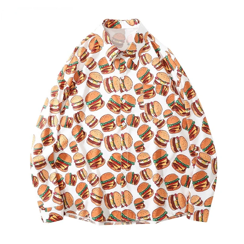 

Shirts Streetwear Harajuku Hamburger Print Long Sleeve Button Shirt Streetwear Mens Hip Hop Fashion Casual Loose Tops