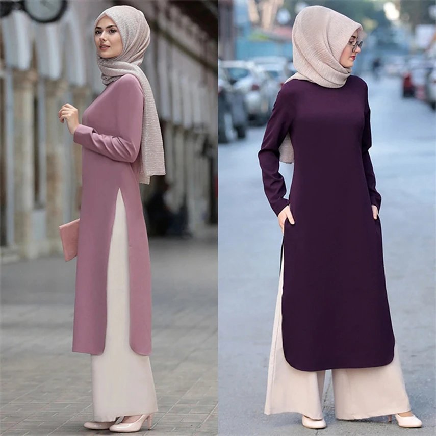 Женское платье с длинным рукавом Abaya однотонное мусульманское в турецком и мусульманском стиле разрезом на