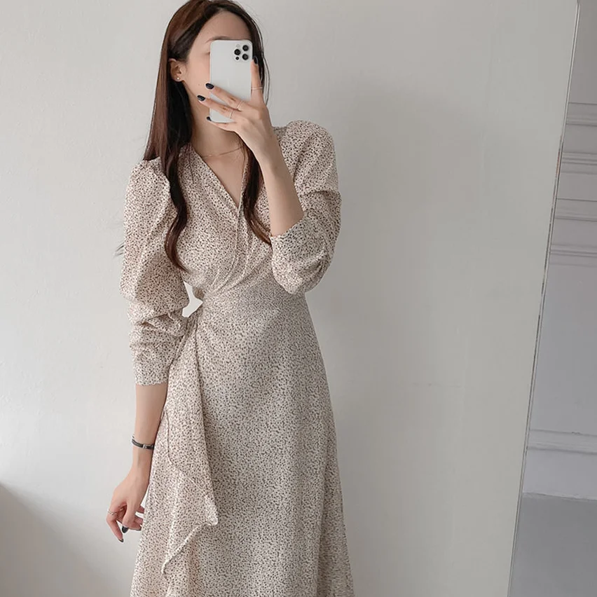 

Korean Fashion Bandage Long Dress Women Elegant Office Lady Printing Y2K Dress Casual V-neck Long Sleeve Chiffon Dress 2021 Fall