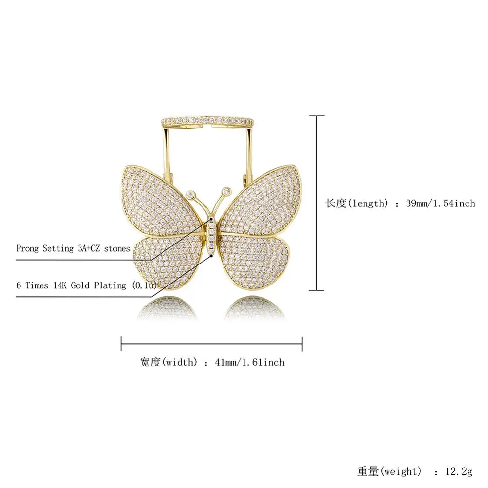 

1 hip Hop Micro Paved Cubic Zirconia Bling Iced Out Butterfly Adjustable Size Open Rings for Women Men Fashion Charm Jewelry