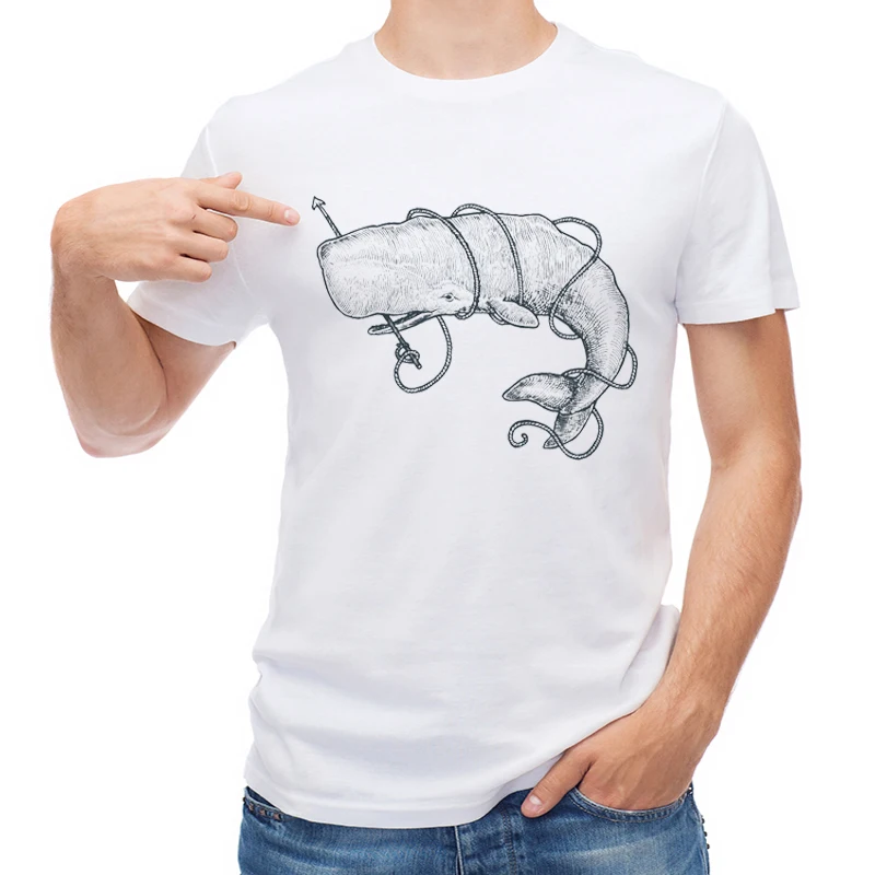 

TEEHUB Funny Harpoon Whale Men T Shirt Retro Whale Printed T-shirt Short Sleeve Casual Tops Fashion Fish Boy Tees