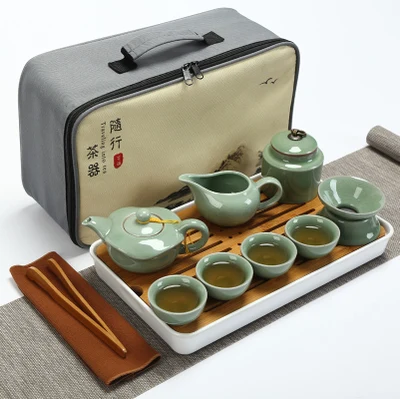 Качественный дорожный чайный набор кунг-фу чайник чашки gaiwan infuser chahai портативная коробка cozies деревянный бамбуковый поднос китайский чайный церемониальный набор - Цвет: SET 17