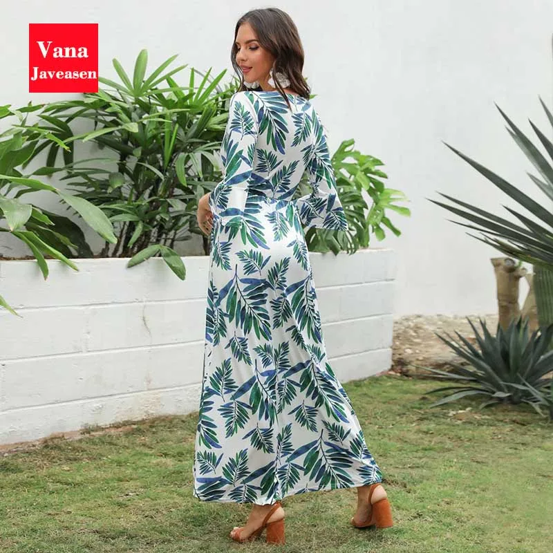 

Sexy Low Chest V-neck Maxi Dress Summer Green Leaf Print Beach Dress For Women Sexy Split Casual Long Dresses Robe Ete Femme