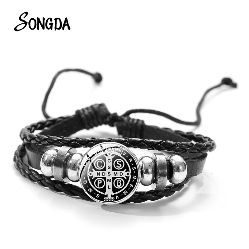 

Catholic Church Saint Benedict Exorcism Leather Bracelet Saint Benedict of Nursia Christianity Pattern Glass Snap Charm Bracelet
