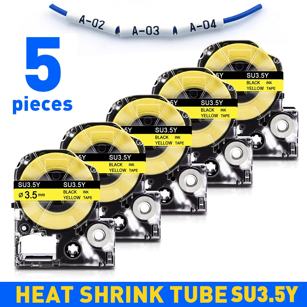 5PK Compatible Epson Label Tape SU3.5Y Epson Heat Shrink Tape Black on Yellow 3.5mm*2.5m for Epson Labelworks LW400 LW500 LW600