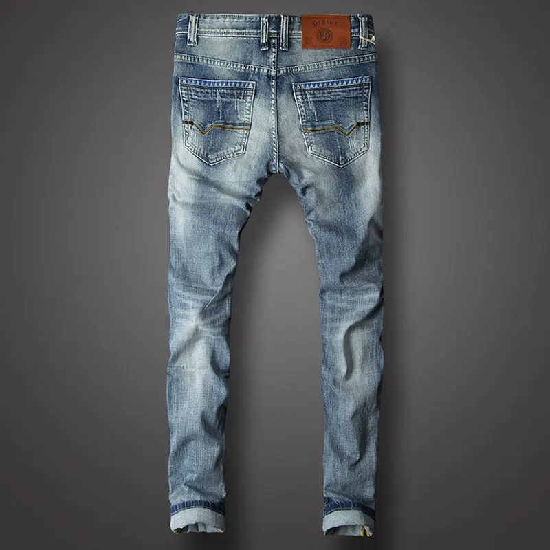 European Vintage Fashion Men Jeans Retro Light Blue Elastic Slim Fit Ripped Jeans Men Korean Printed Designer Casual Denim Pants