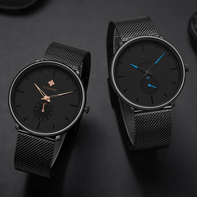 

Minimalism Casual Mens Watches Top brand WWOOR Fashion Sports Wrist Watch Waterproof Full Steel Mesh Ultra Thin Quartz Watch Men