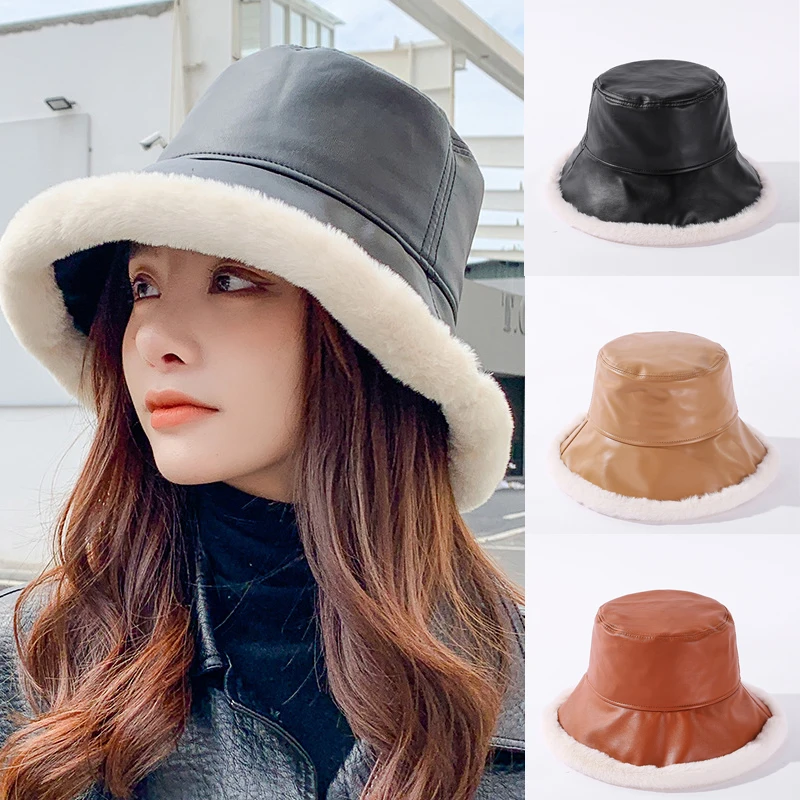 Панама Женская водонепроницаемая из искусственной кожи теплая зимняя шапка ПУ и