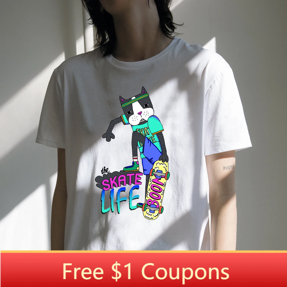 

2019 Cartoon Cat Printing Girl Summer T-shirt White Design Short Sleeves Street Fashion Style Women T shirt Top&Tees 100% Cotton