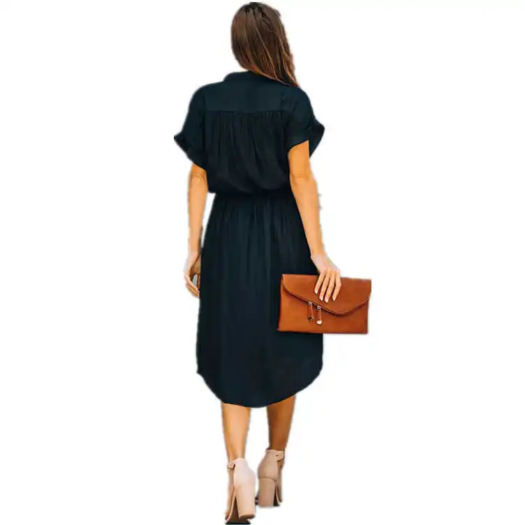 

Simple Solid Color Women Dresses Elegant Office Shirt Dress Short Sleeve Casual Dresses 2021Summer Elastic Waist Dress