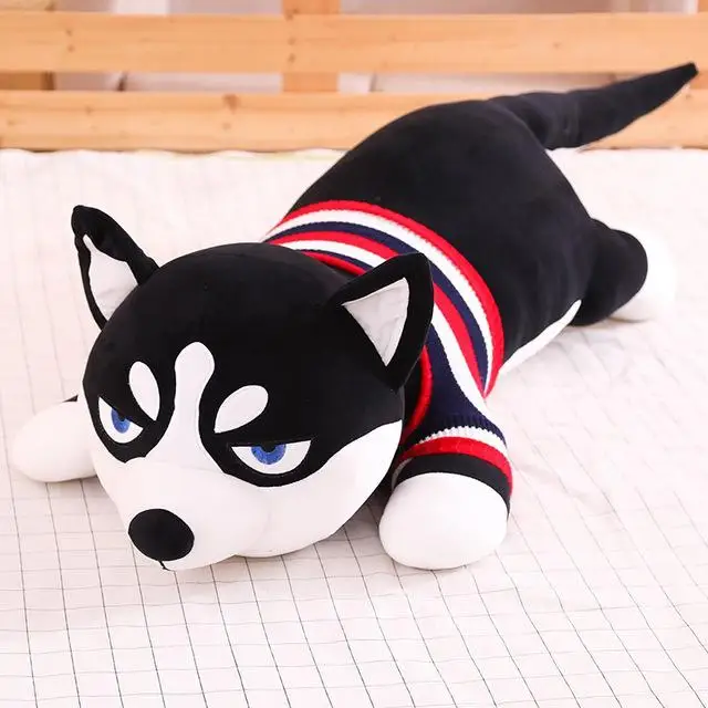 2 New Lovely Funny Dressed Husky Stuffed Doll Stripe Sweater Soft Husky Lying Plush Toy Grey/Black Dog Animals Kids Birthday Gift - Цвет: 2