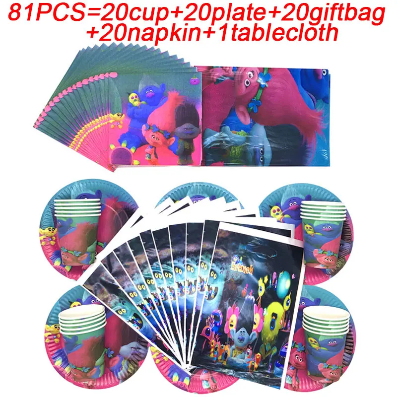

81pcs Trolls Birthday Party Supplies Tablecloth Plate Cup Napkin Tableware Trolls Party Decorations Baby Shower Party Loot Bags