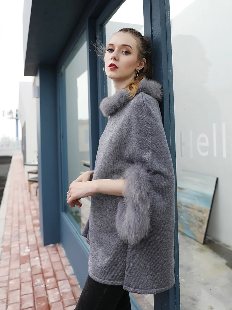 Накидка-пончо из натуральной шерсти зимний теплый вязаный свитер с отделкой