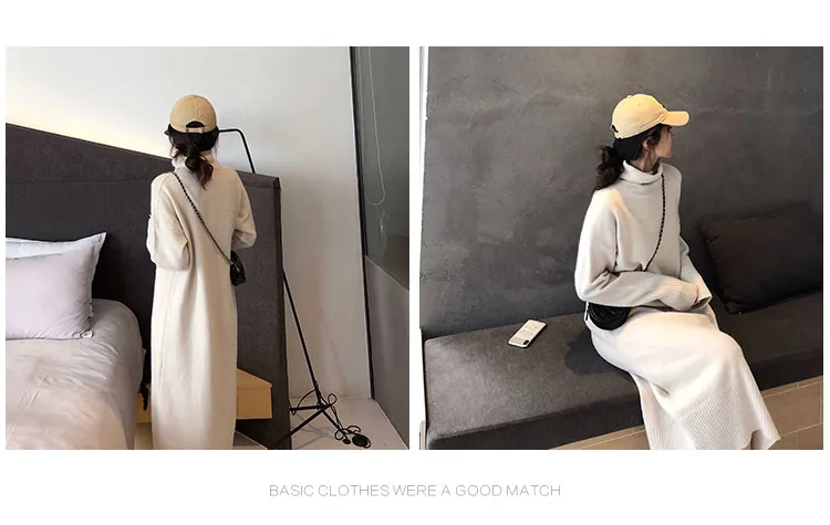 Turtleneck Cashmere Knitted Sweater Dress Women Autumn Spring Noodles Elastic Long Sleeve thick Pullover Winter Dress