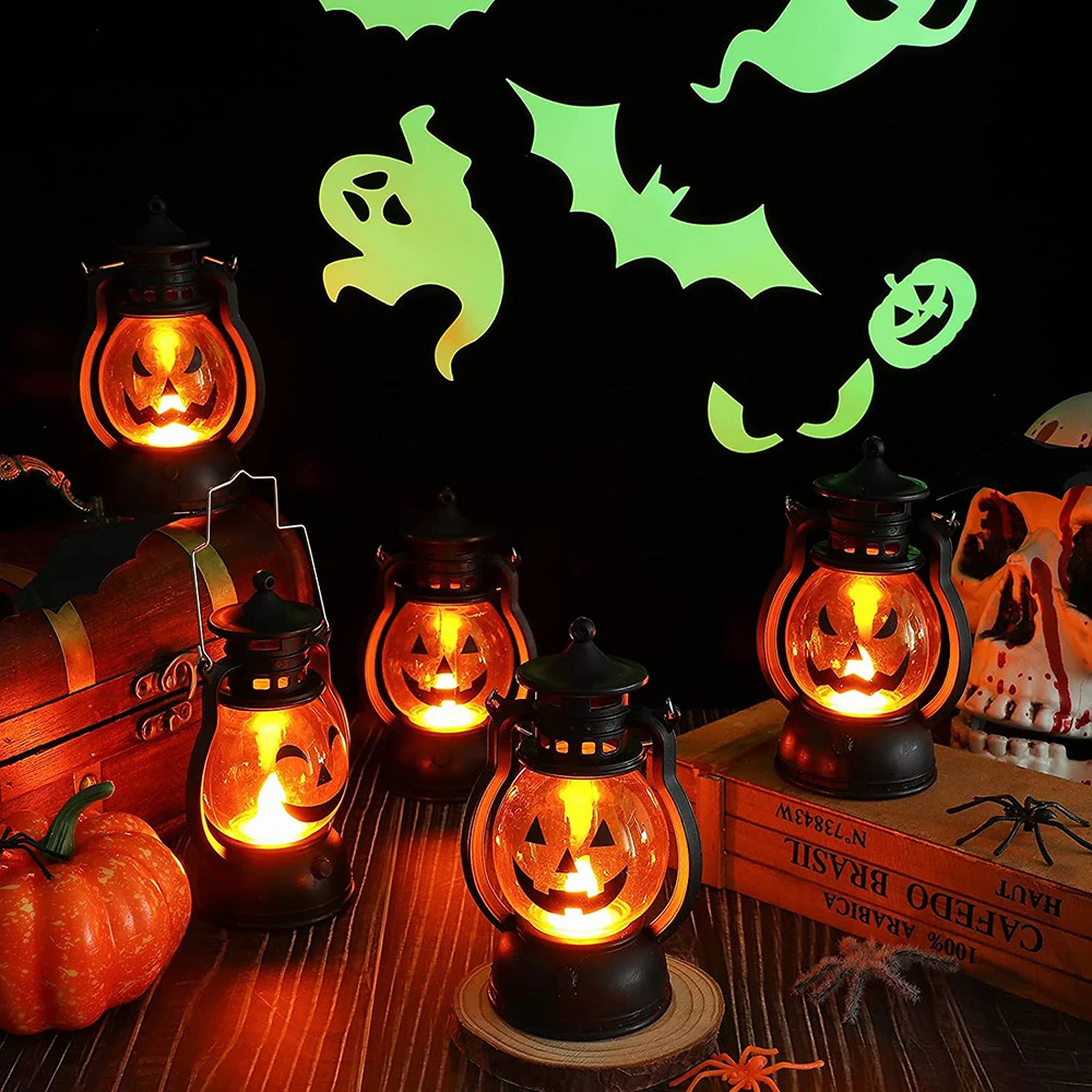 

Halloween Pumpkin Skull Lamp Mini Candle Lantern Fall Decor Ghost Lantern Led Night Light with Battery for Halloween Bar Party H