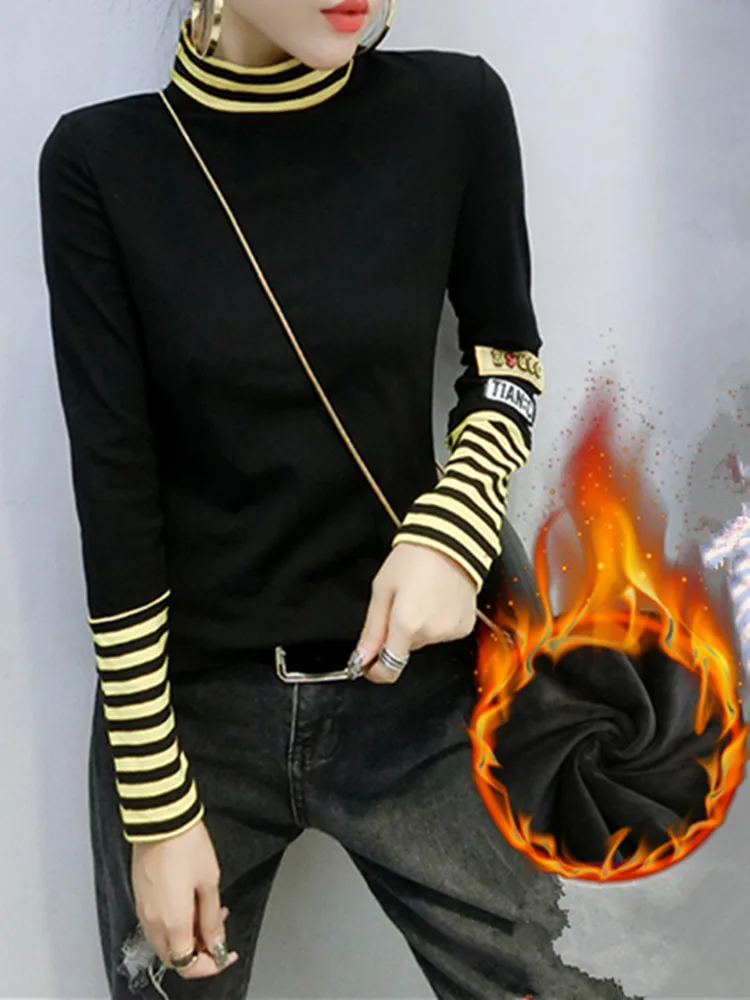 Осенне-зимняя футболка в Корейском стиле шикарное лоскутное Полосатое плотное