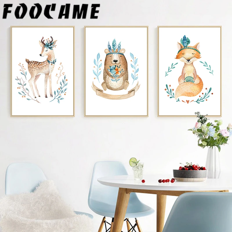 Мультяшные животные индийский лиса Медведь Олень скандинавские плакаты и принты
