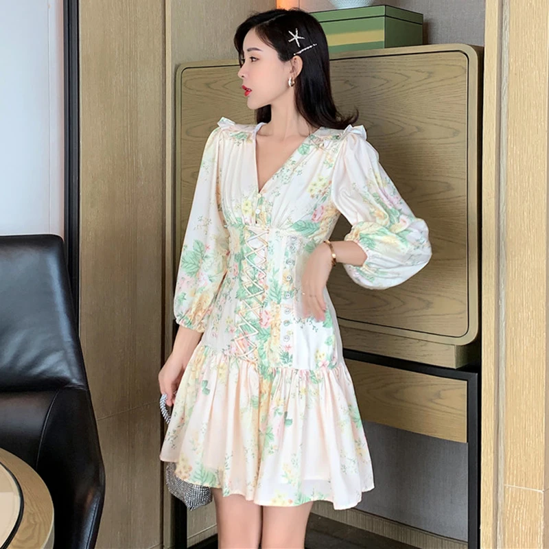 

Floral Print Summer Dress Women V-Neck Long Sleeve Ruffles Lace Up Pleated Mini Dress Lantern Sleeve Autumn Vintage Elegant B345