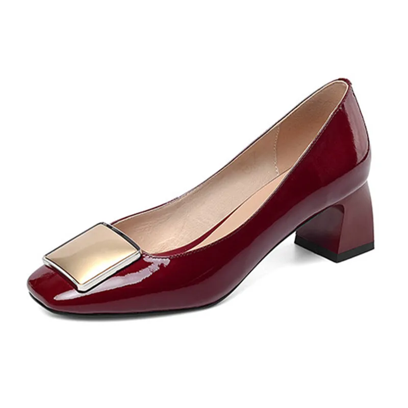 

Fashion Metal Decoration Genuine Leather Women's Shoes Newest Square Toe Thick Heels Pumps Party Night Club Shoes Woman