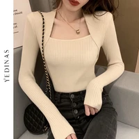 yedinas fashion korean style autumn u neck knitted sweater long sleeve slim winter tops sexy chic pullover female jumper elastic