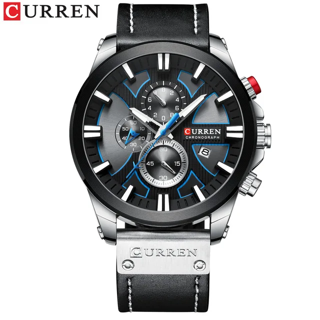black silver Мужские наручные часы CURREN лучший бренд роскошные кожаные кварцевые часы модные наручные часы с хронографом мужские спортивные военные часы - Цвет: black silver