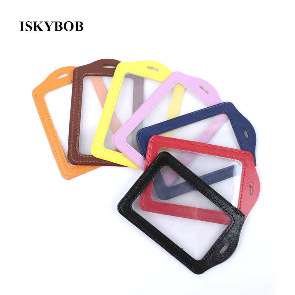 

1pcs Color Badge Id Card Holder Double-sided Transparent Pu Card Holder Imitation Leather Credit Card Bus Card Holder