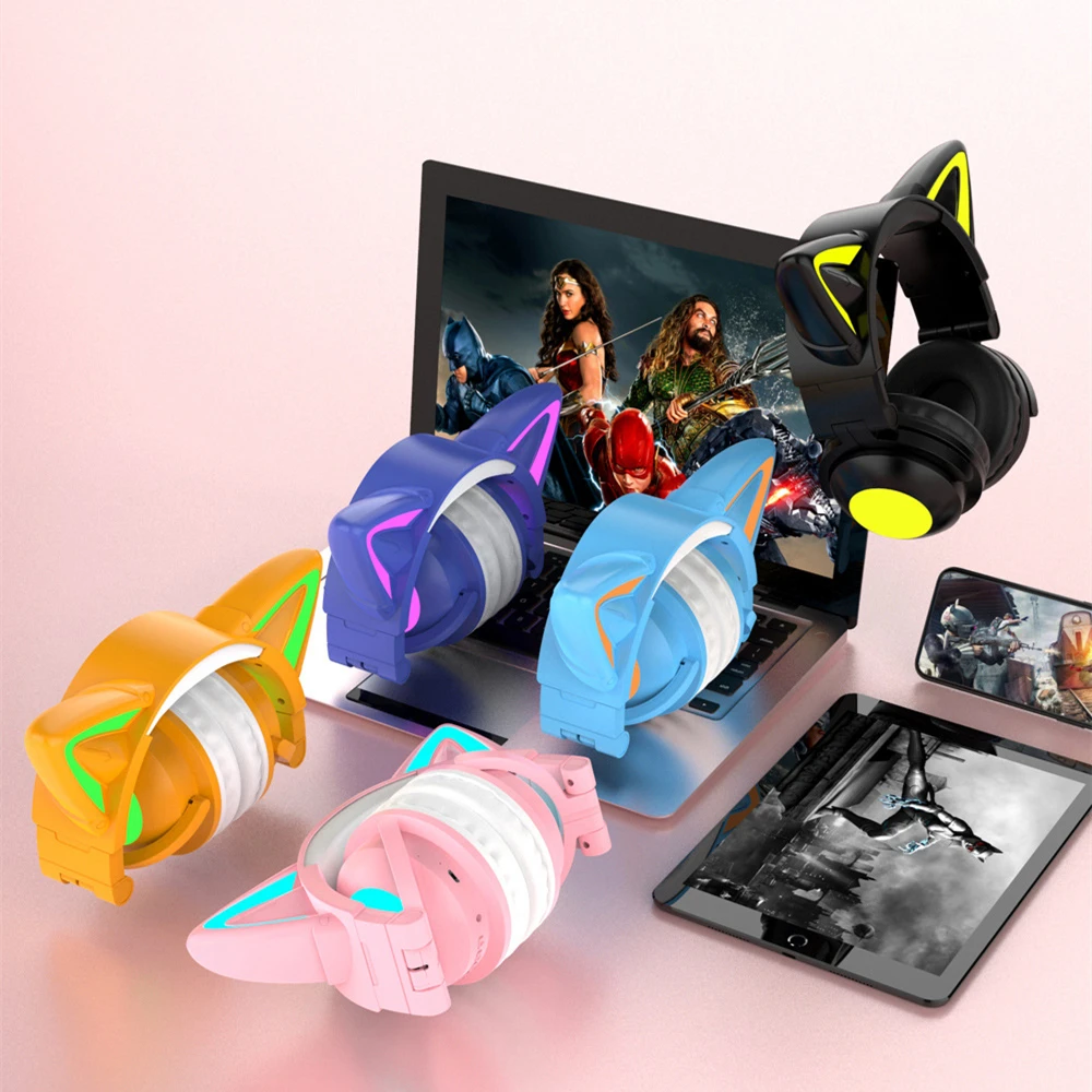 New Arrival RGB Cat Ear Wireless Headsets with Mic 7.1 Stereo Music Bluetooth 5.0 Headset Support Control Light Color Best gift |