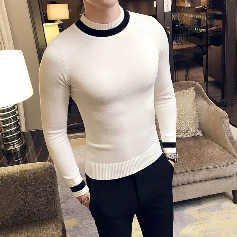Осенний мужской свитер pull homme Модный повседневный теплый однотонный облегающий мужской вязаный пуловер с круглым вырезом белого и черного цвета