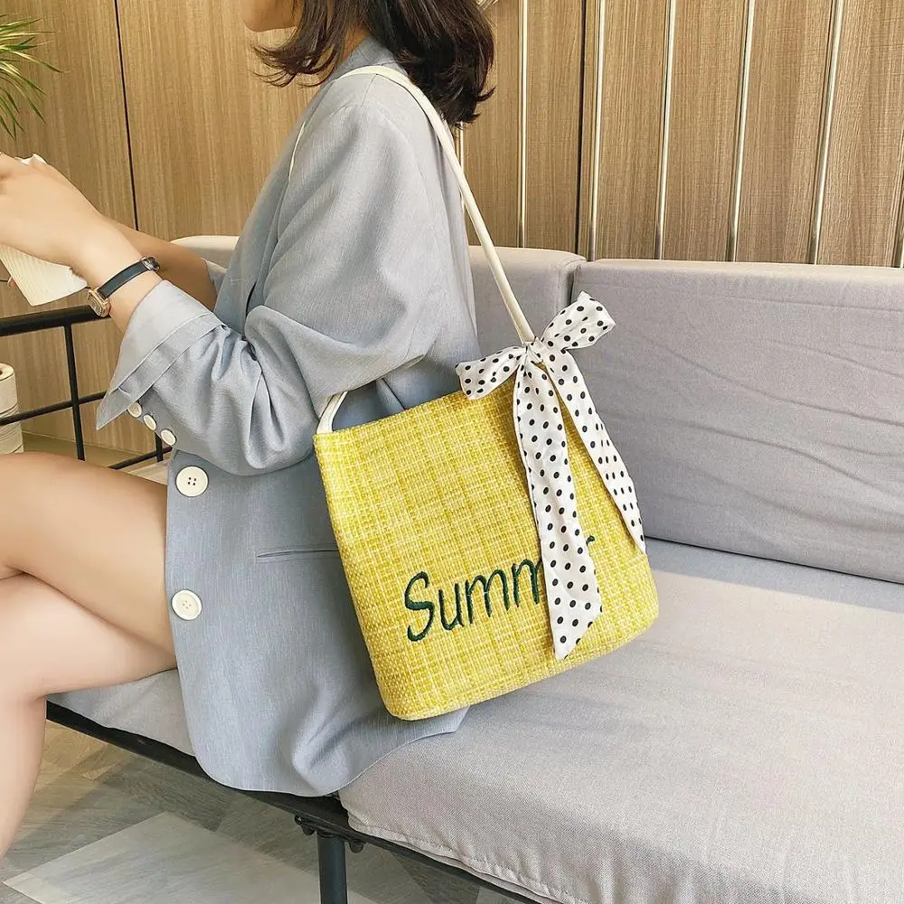 Летняя Соломенная Сумка ведро с принтом для женщин 2020 сумка покупок девочек