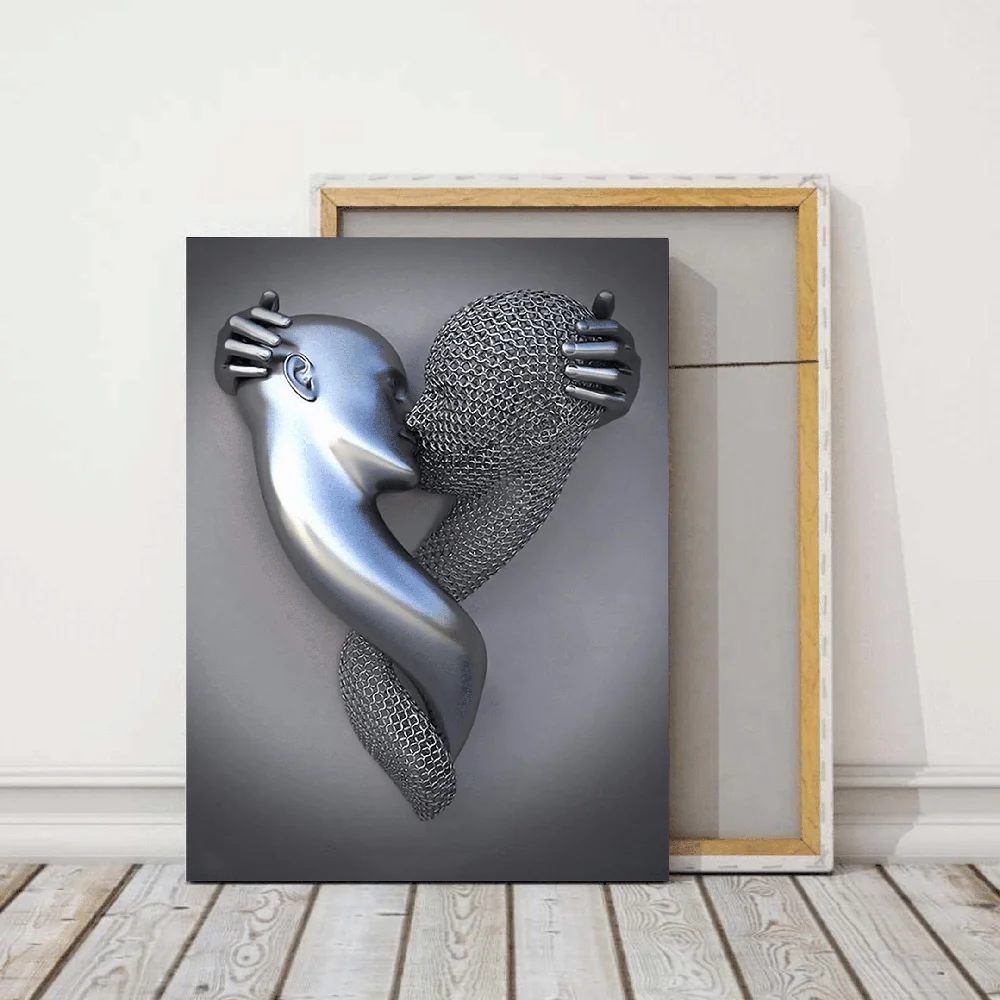 

3D Effect Art Kissing Wall Painting Abstract Metal Lover Canvas Prints Nordic Decor Poster Picture Mural Cuadros For Living Room