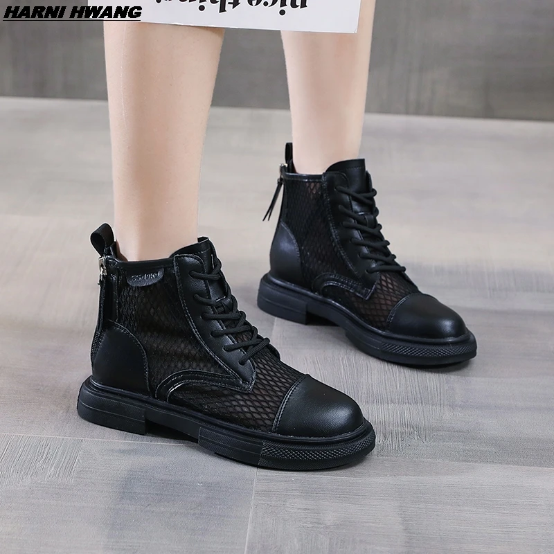 

Breathable mesh summer women's ankle boots fashion black beige zipper lace casual shoes ladies flat sandals wholesale